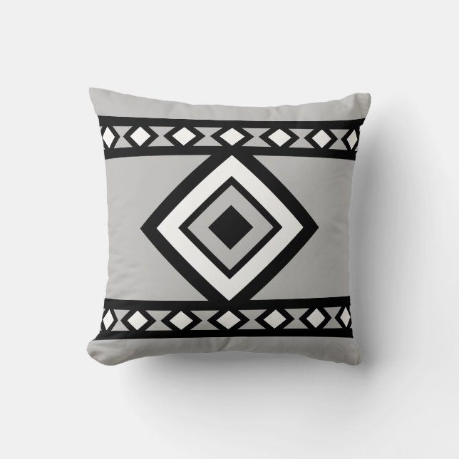 Black Gray & White Diamond Geometric Shape Throw Pillow (Front)