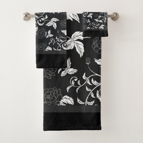 Black Gray White Elegant Modern Floral Leaf  Bath Towel Set