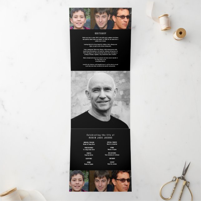 Black gray white Funeral service custom photo Tri-Fold Program (Inside)