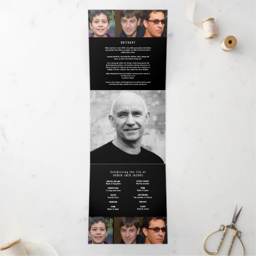 Black gray white Funeral service custom photo Tri_Fold Program