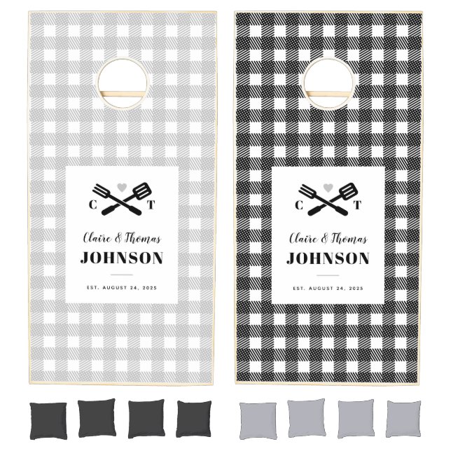 Black Gray White Gingham Grill Monogram Wedding Cornhole Set (Set)