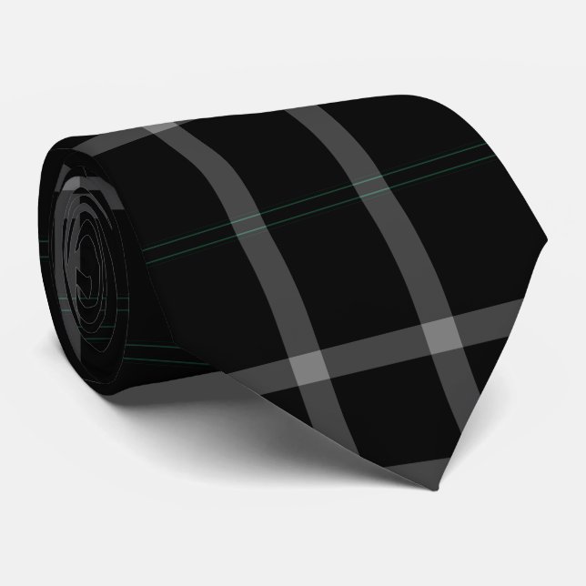 Black Gray White Grid Plaid Tartan Flannel Neck Tie (Rolled)