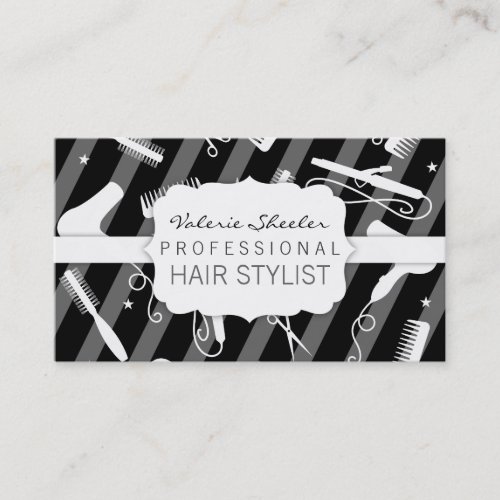 Black Gray &amp; White Hair Salon Tools Business Card