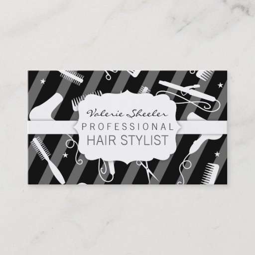 Customizable Black Gray &amp; White Hair Salon Tools Business Card