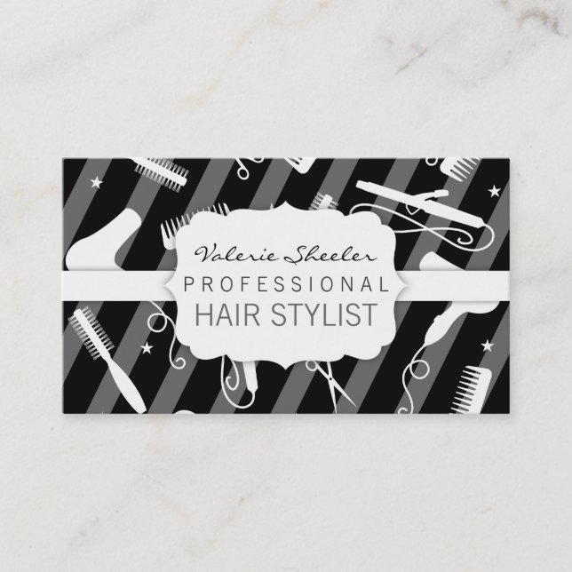 Black Gray & White Hair Salon Tools Business Card (Front)