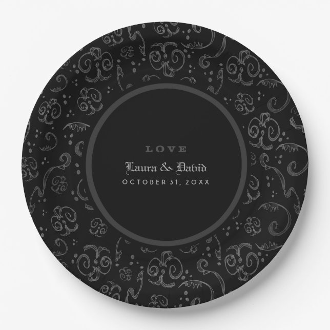 Black Gray & White Halloween Matching Wedding Paper Plates (Front)