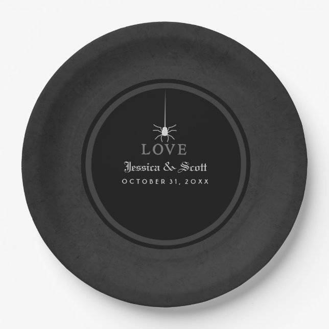 Black Gray & White Halloween Spider LOVE Wedding Paper Plates (Front)