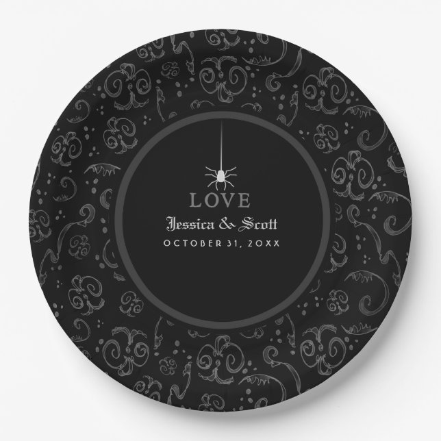 Black Gray & White Halloween Spider LOVE Wedding Paper Plates (Front)