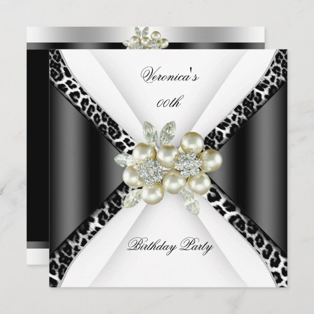 Black Gray White Leopard Pearl Birthday Party Invitation (Front/Back)