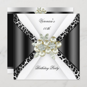 Black Gray White Leopard Pearl Birthday Party Invitation