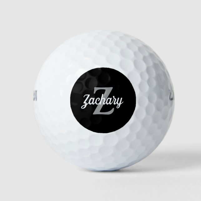 Black Gray White Monogram and Name Personalized Golf Balls (Front)
