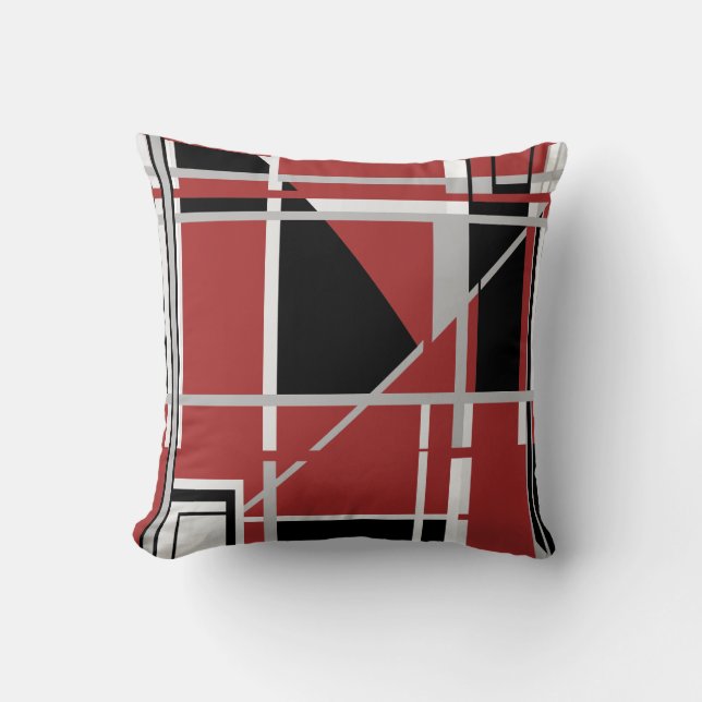 Black Gray White on Dark Red Abstract Labyrinth Throw Pillow (Front)