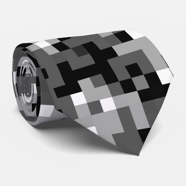 Black Gray White Pixel Pattern Neck Tie (Rolled)
