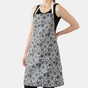 Black Gray White Retro Floral Art Seamless Pattern Apron