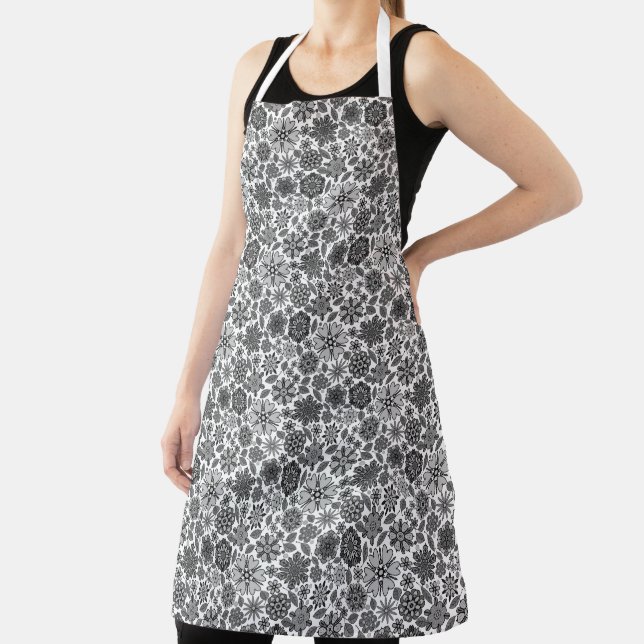 Black Gray White Retro Floral Art Seamless Pattern Apron (Insitu)