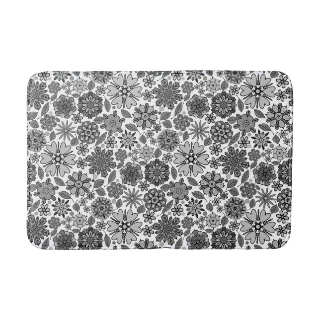 Black Gray White Retro Floral Art Seamless Pattern Bath Mat (Front)