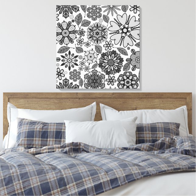 Black Gray White Retro Floral Art Seamless Pattern Canvas Print (Insitu(Bedroom))