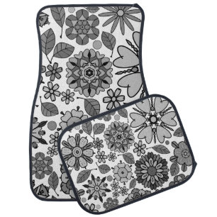 Black Gray White Retro Floral Art Seamless Pattern Car Floor Mat