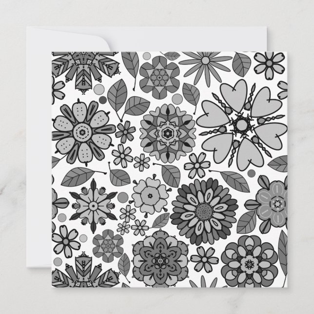 Black Gray White Retro Floral Art Seamless Pattern Card (Front)