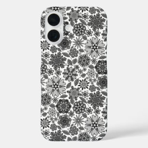 Black Gray White Retro Floral Art Seamless Pattern iPhone 16 Case