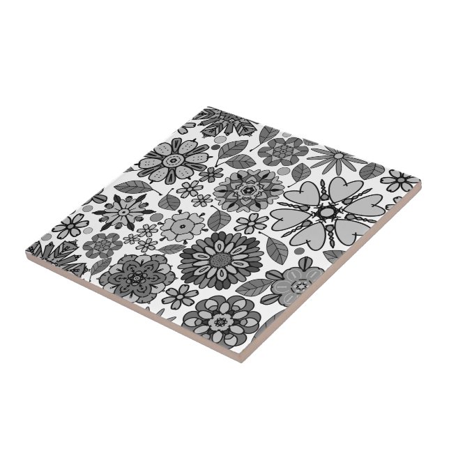 Black Gray White Retro Floral Art Seamless Pattern Ceramic Tile (Side)