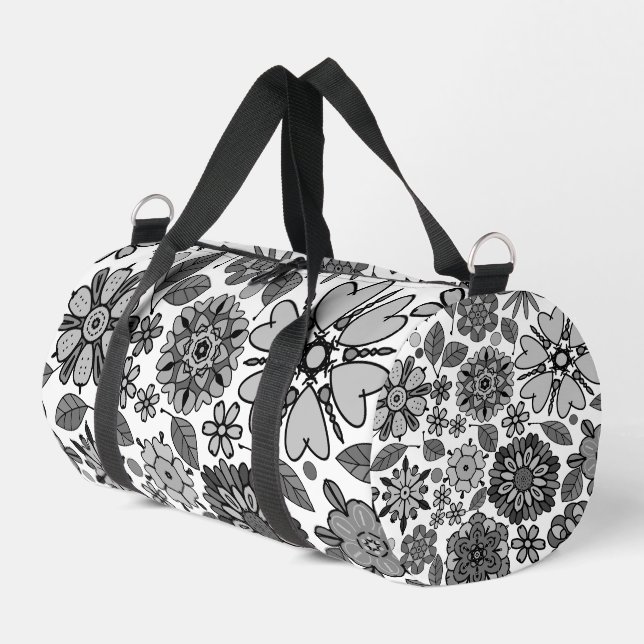 Black Gray White Retro Floral Art Seamless Pattern Duffle Bag (Left Corner)