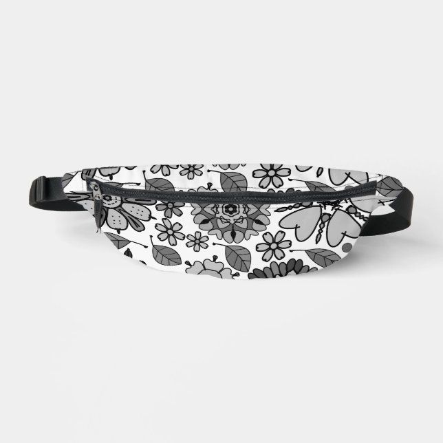 Black Gray White Retro Floral Art Seamless Pattern Fanny Pack (Front)