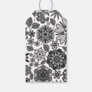 Black Gray White Retro Floral Art Seamless Pattern Gift Tags
