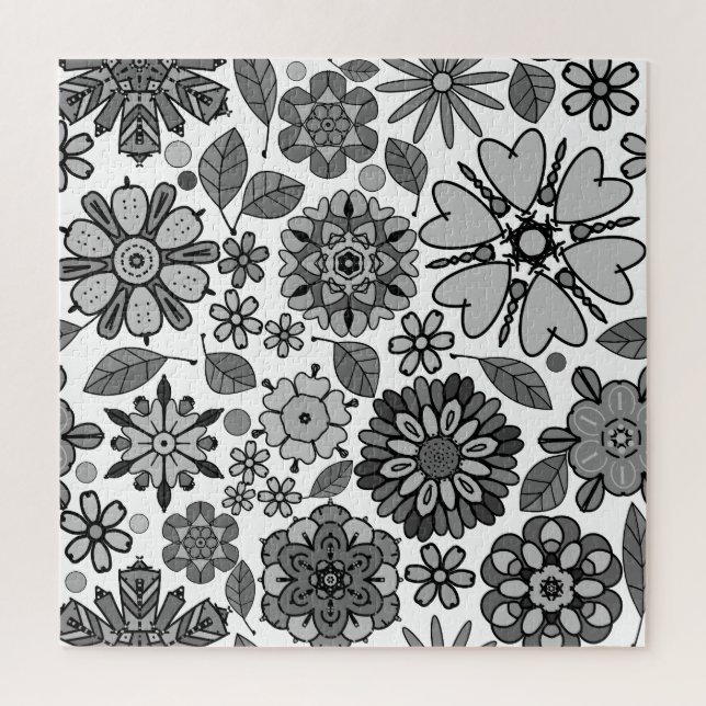 Black Gray White Retro Floral Art Seamless Pattern Jigsaw Puzzle (Vertical)