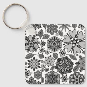 Black Gray White Retro Floral Art Seamless Pattern Keychain