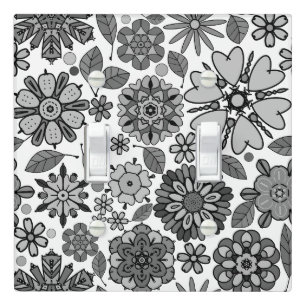 Black Gray White Retro Floral Art Seamless Pattern Light Switch Cover