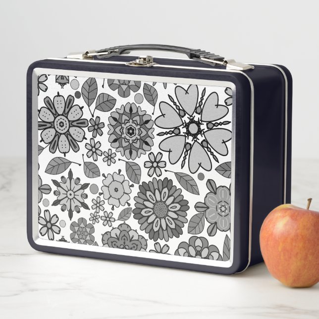 Black Gray White Retro Floral Art Seamless Pattern Metal Lunch Box (In Situ)
