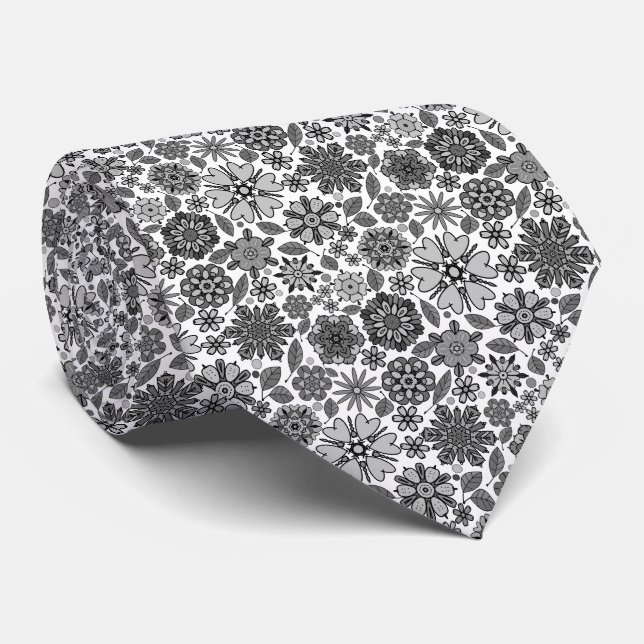 Black Gray White Retro Floral Art Seamless Pattern Neck Tie (Rolled)