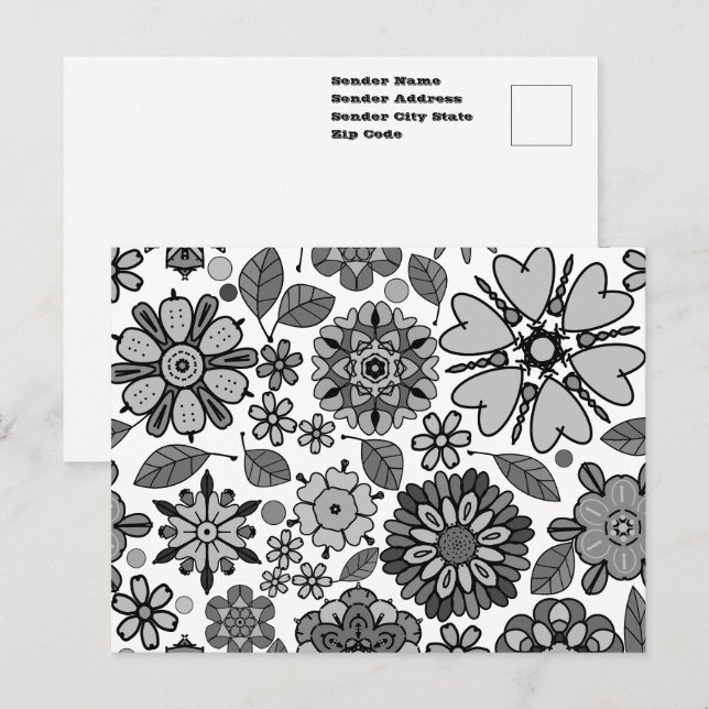 Black Gray White Retro Floral Art Seamless Pattern Postcard (Front/Back)