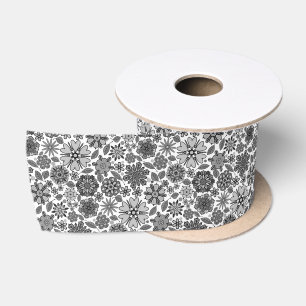 Black Gray White Retro Floral Art Seamless Pattern Satin Ribbon