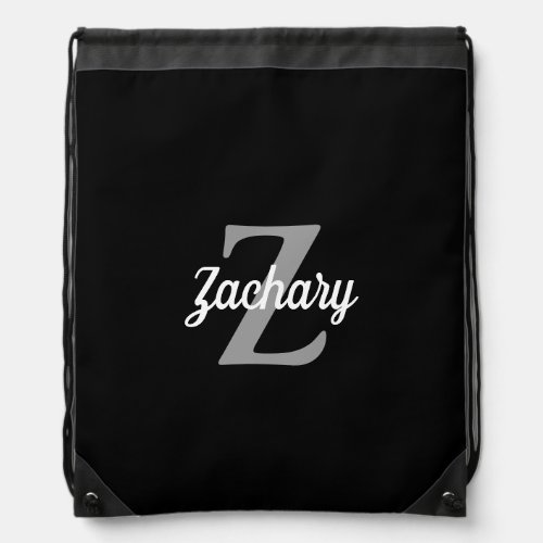 Black Gray White Retro Monogram Personalized Drawstring Bag