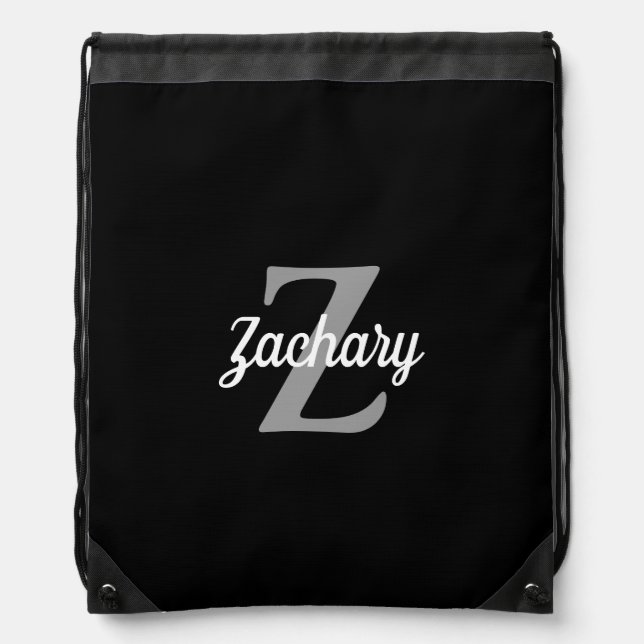 Black Gray White Retro Monogram Personalized Drawstring Bag (Front)