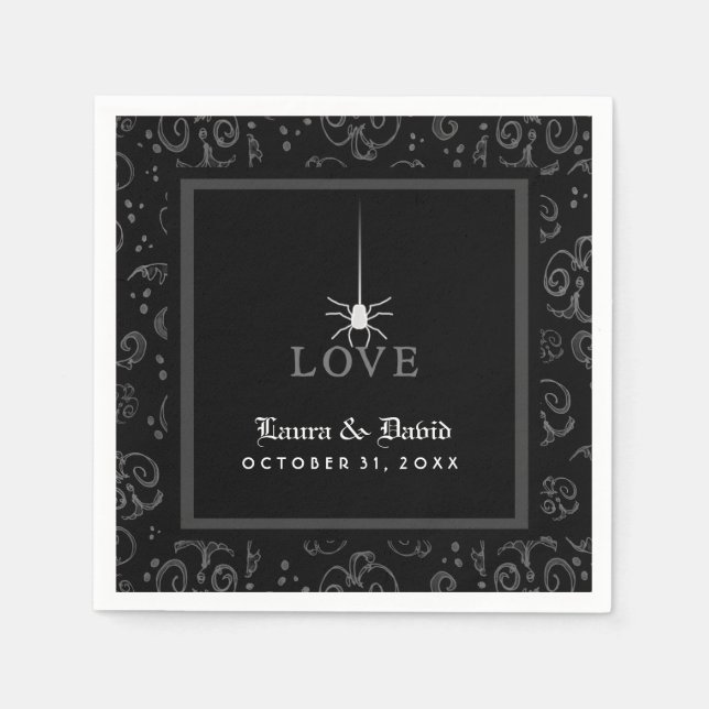 Black Gray & White Spider LOVE Halloween Wedding Paper Napkins (Front)