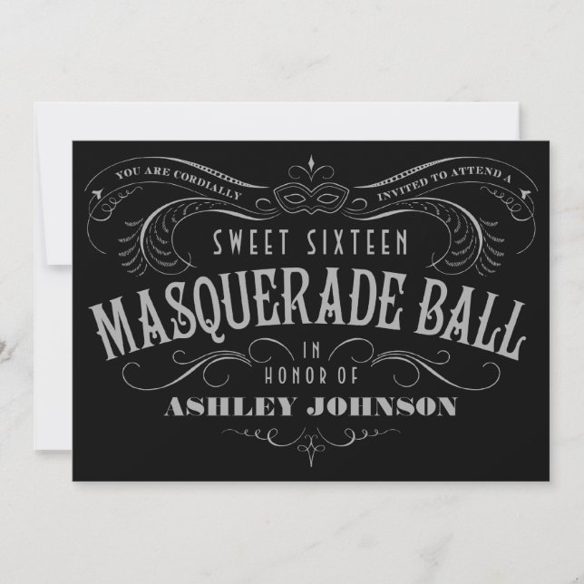 Black, Gray & White Sweet 16 Masquerade Invitation (Front)