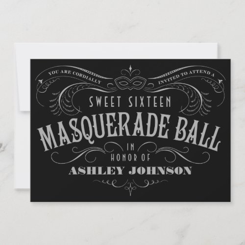 Black, Gray &amp; White Sweet 16 Masquerade Invitation