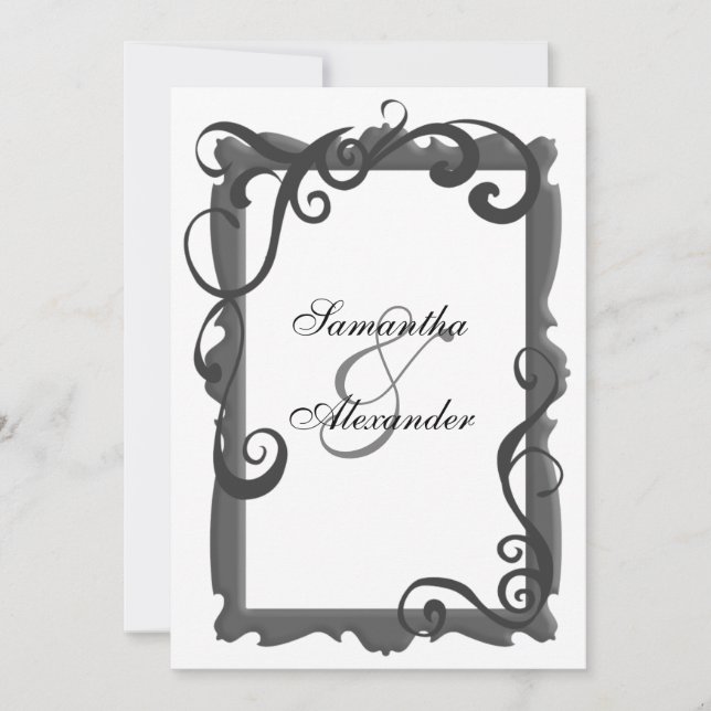 Black/Gray White Swirl Frame Wedding Invitations (Front)