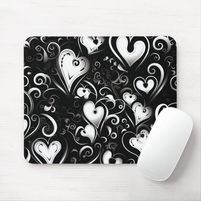 BLACK GRAY WHITE VALENTINES DAY HEARTS MOUSE PAD (With Mouse)