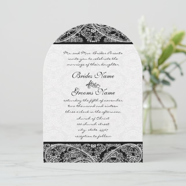 Black Gray White Vintage Paisley Damask Weddings Invitation (Standing Front)