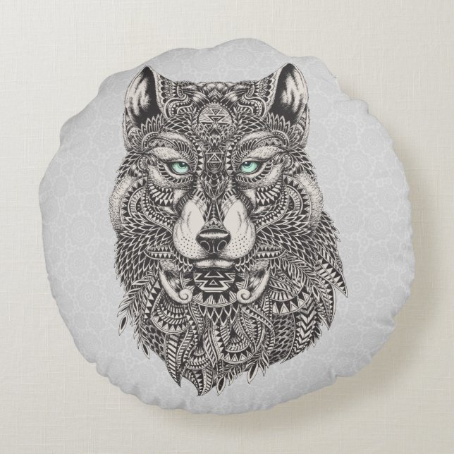 Black & Gray Wolf head Illustration Round Pillow (Back)