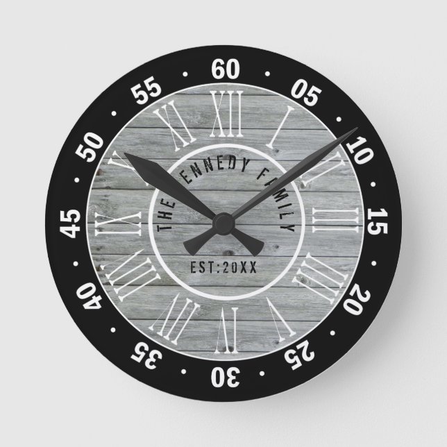 Black Gray Wood Farmhouse Family  Name 60 Minutes Round Clock (Front)