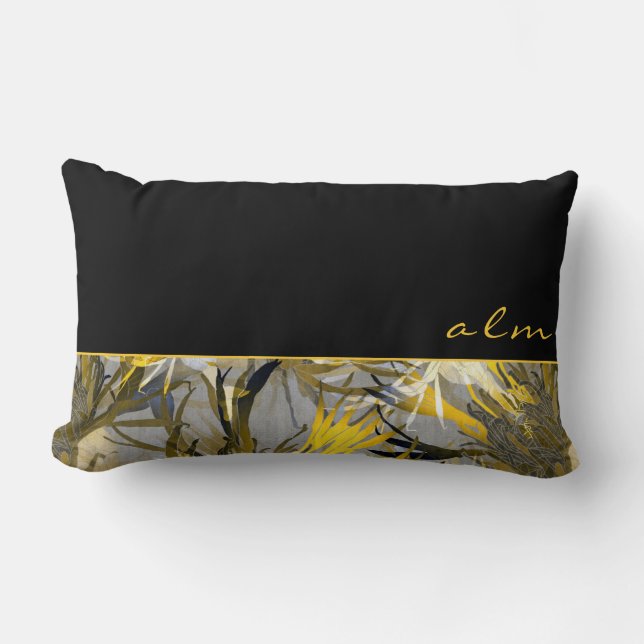 Black Gray & Yellow Artistic Floral | Monogram Lumbar Pillow (Front)