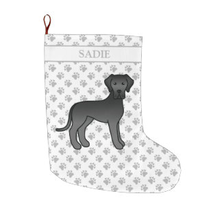 Black Great Dane Cute Cartoon Dog &amp; Name Large Christmas Stocking