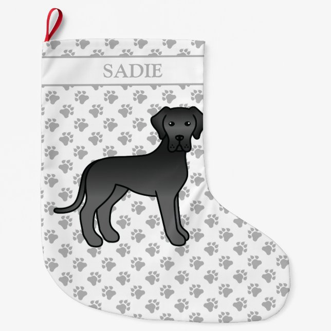 Black Great Dane Cute Cartoon Dog & Name Large Christmas Stocking (Front)