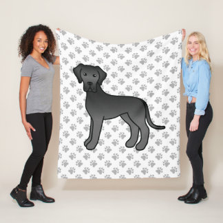 Black Great Dane Cute Cartoon Dog &amp; Paws Fleece Blanket