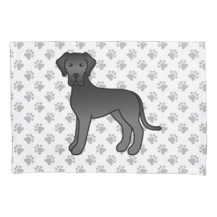Black Great Dane Cute Cartoon Dog & Paws Pillow Case